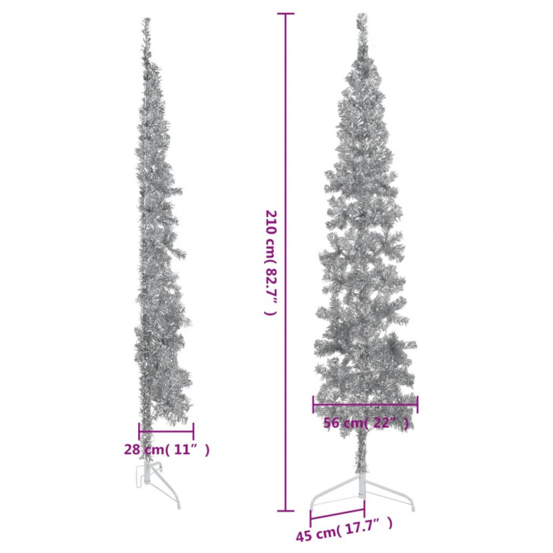 Smukła choinka połówka ze stojakiem, sztuczna, srebrna, 210 cm