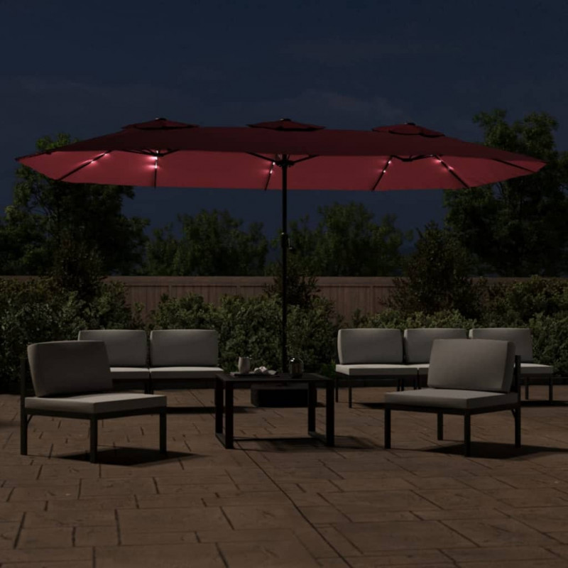 Podwójny parasol ogrodowy z LED, bordowy, 449x245 cm