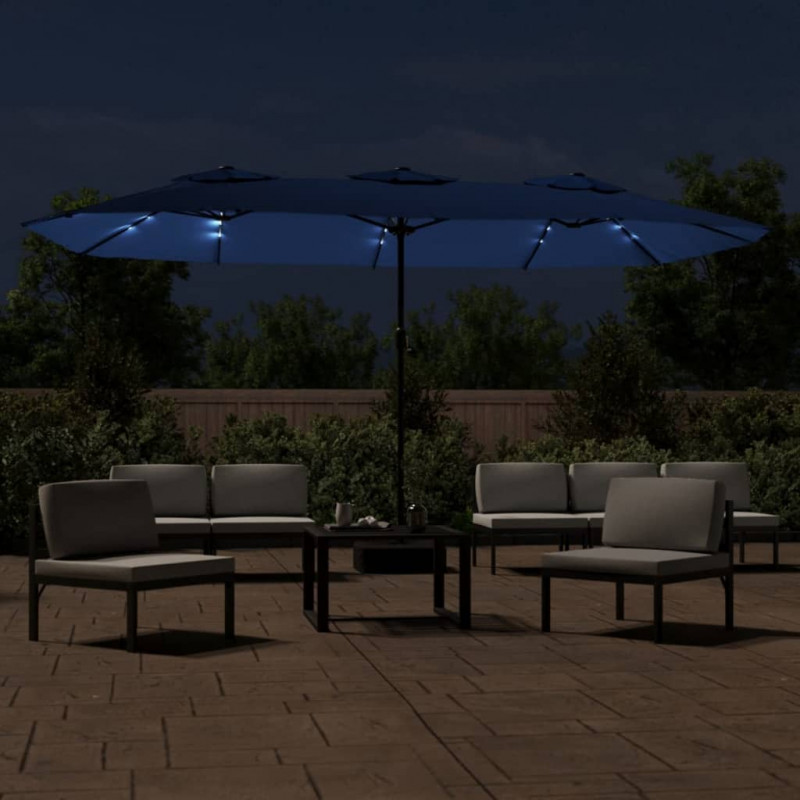 Podwójny parasol ogrodowy z LED, niebieski, 449x245 cm