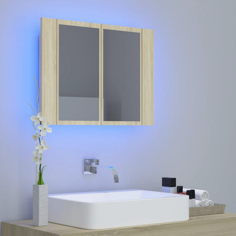 Szafka łazienkowa z lustrem i LED, dąb sonoma, 60x12x45, akryl
