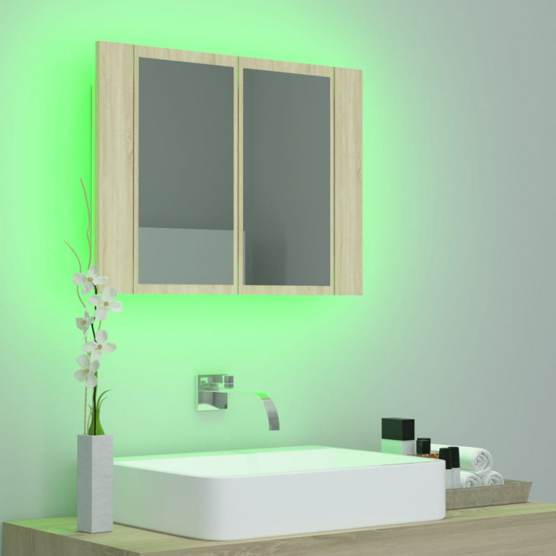 Szafka łazienkowa z lustrem i LED, dąb sonoma, 60x12x45, akryl