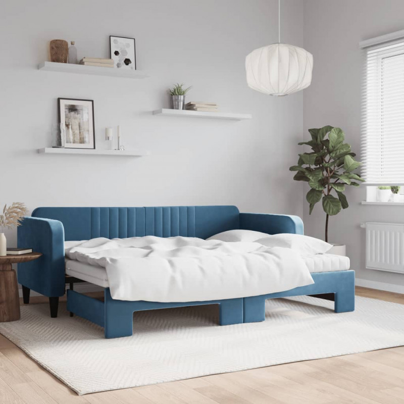 Sofa rozsuwana z materacami, niebieska, 80x200 cm, aksamit
