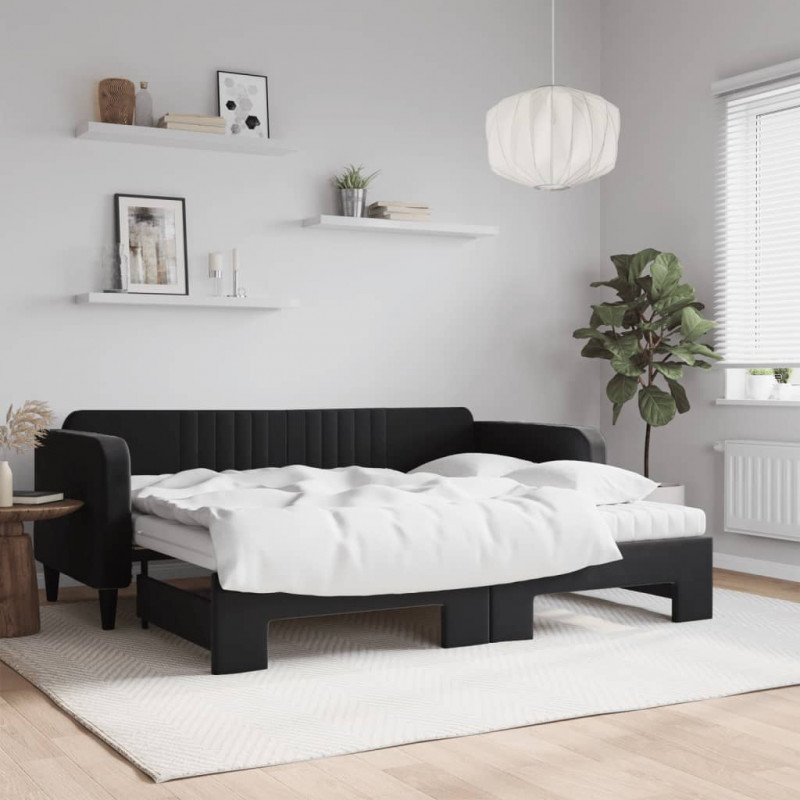 Sofa rozsuwana z materacami, czarna, 90x200 cm, aksamit