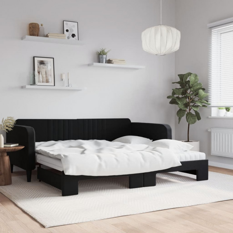 Sofa rozsuwana z materacami, czarna, 100x200 cm, aksamit