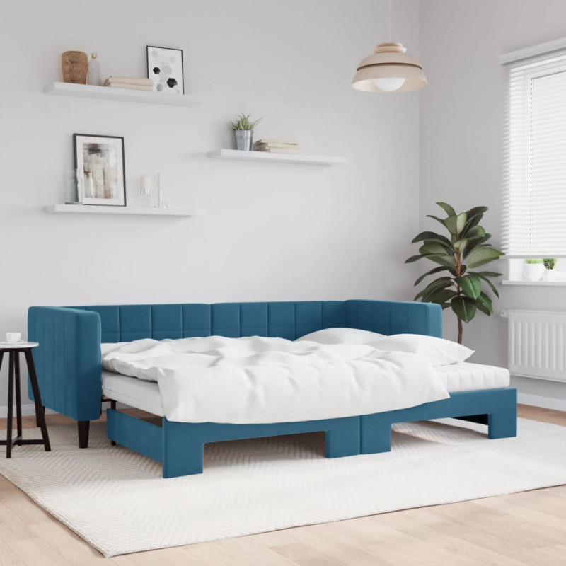 Sofa rozsuwana z materacami, niebieska, 80x200 cm, aksamit