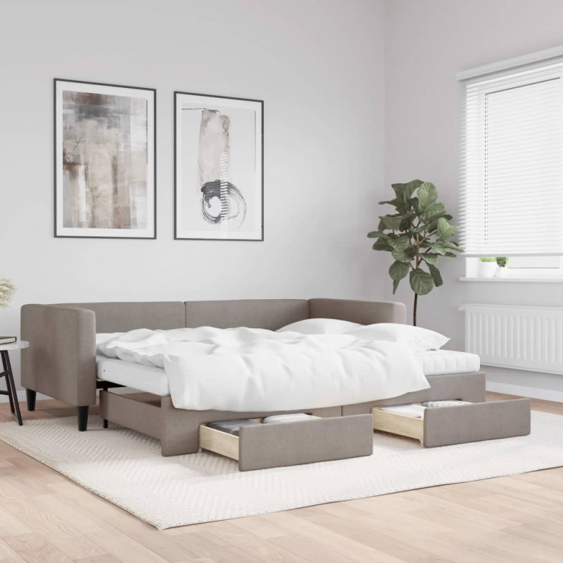 Sofa rozsuwana z szufladami, taupe, 90x200 cm, tkanina