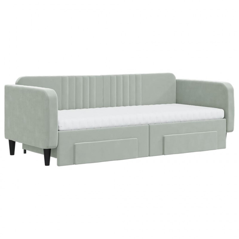 Sofa rozsuwana z szufladami, jasnoszara, 90x200 cm, aksamit
