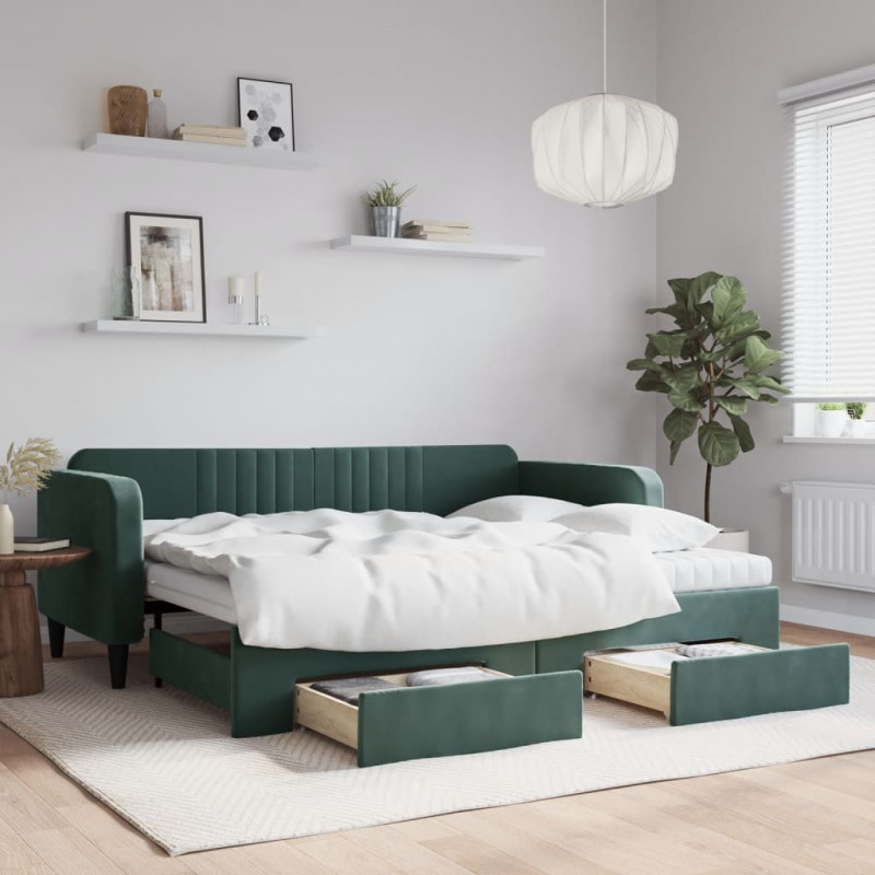 Sofa rozsuwana z szufladami, ciemnozielona, 90x200 cm, aksamit