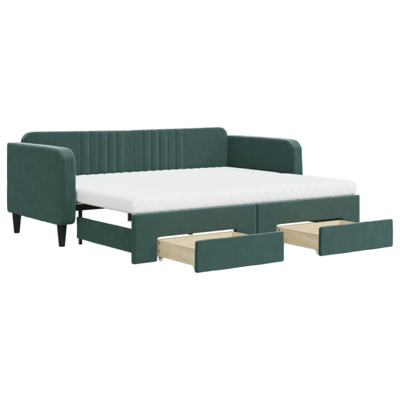 Sofa rozsuwana z szufladami, ciemnozielona, 90x200 cm, aksamit