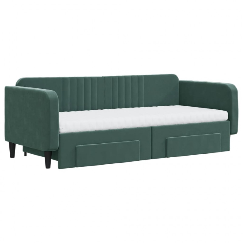 Sofa rozsuwana z szufladami, ciemnozielona, 90x200 cm, aksamit