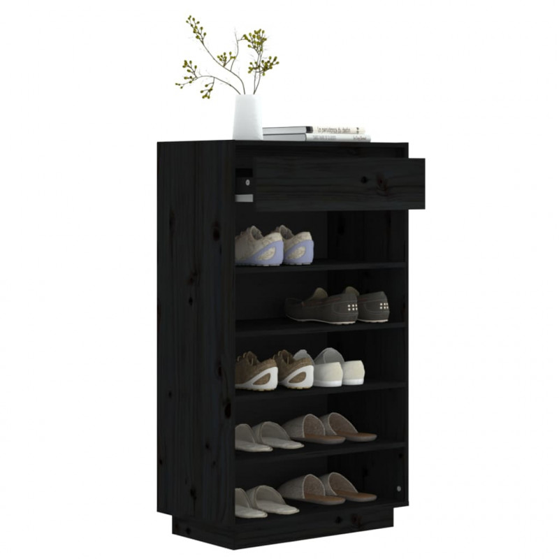 Szafka na buty, czarna, 60x34x105 cm, lite drewno sosnowe