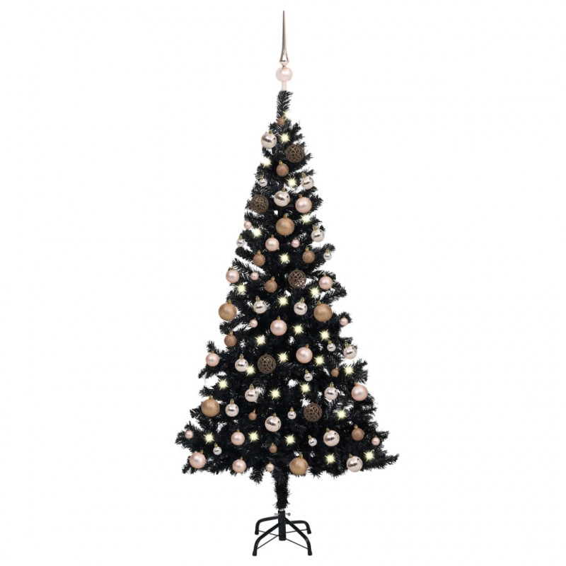 Sztuczna choinka z lampkami i bombkami, czarna, 150 cm, PVC