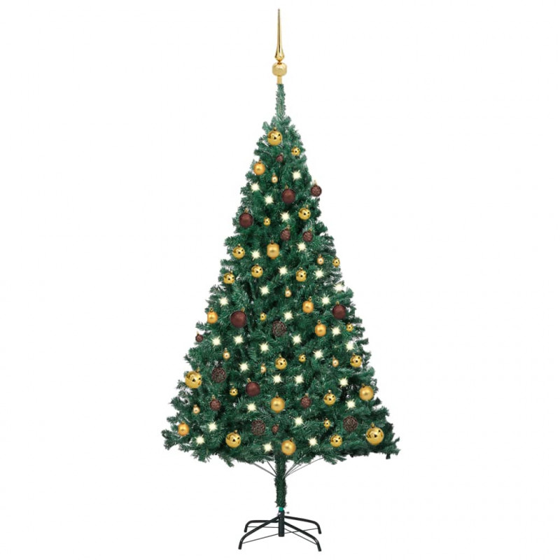 Sztuczna choinka z lampkami i bombkami, zielona, 150 cm, PVC