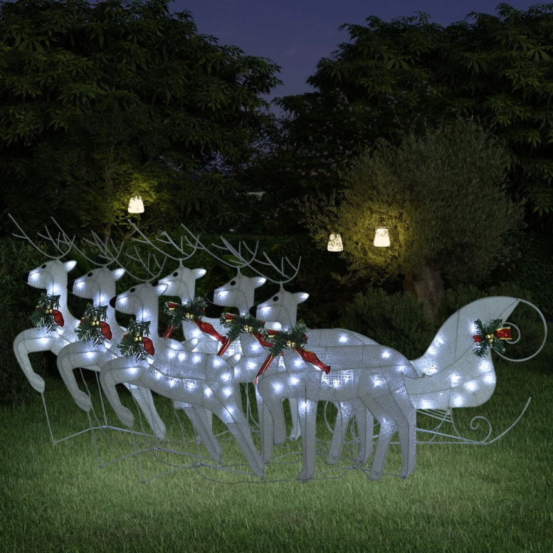 Renifery z saniami, dekoracja do ogrodu, 140 diod LED, białe