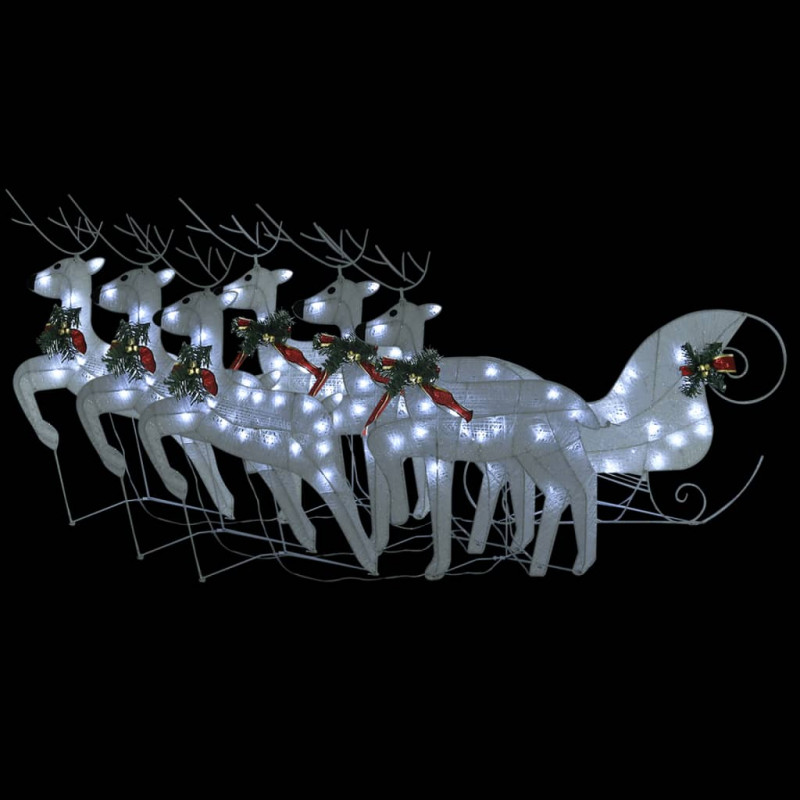 Renifery z saniami, dekoracja do ogrodu, 140 diod LED, białe