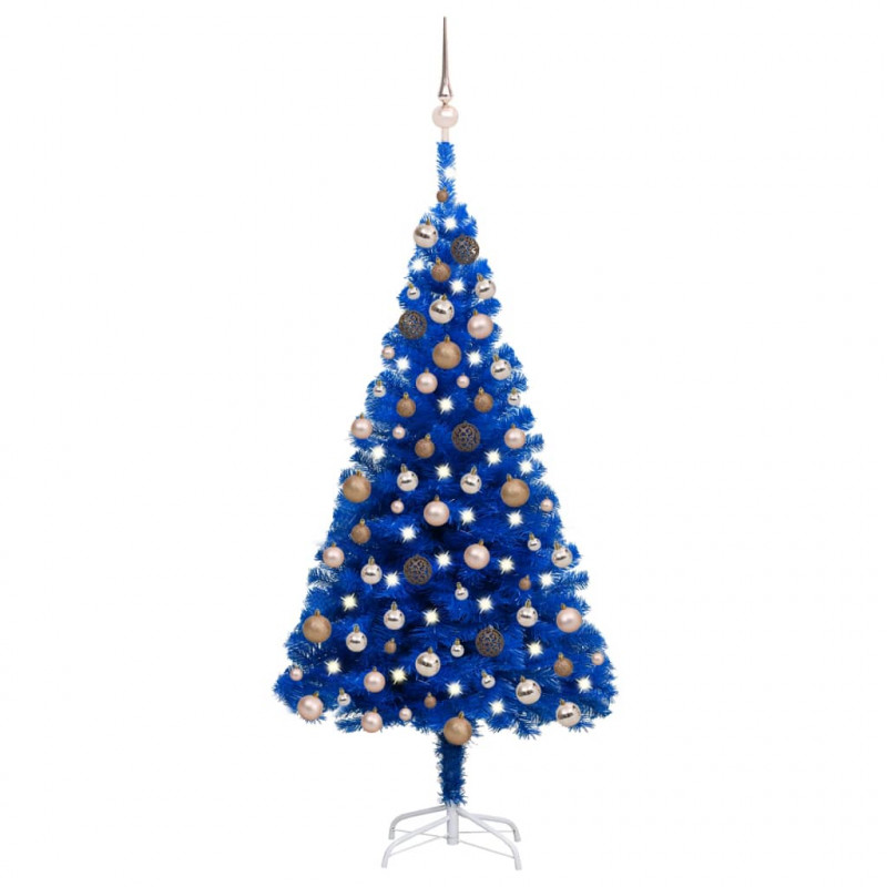Sztuczna choinka z lampkami i bombkami, niebieska, 150 cm, PVC