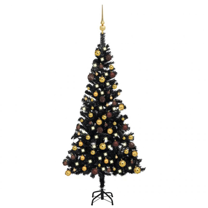 Sztuczna choinka z lampkami i bombkami, czarna, 120 cm, PVC