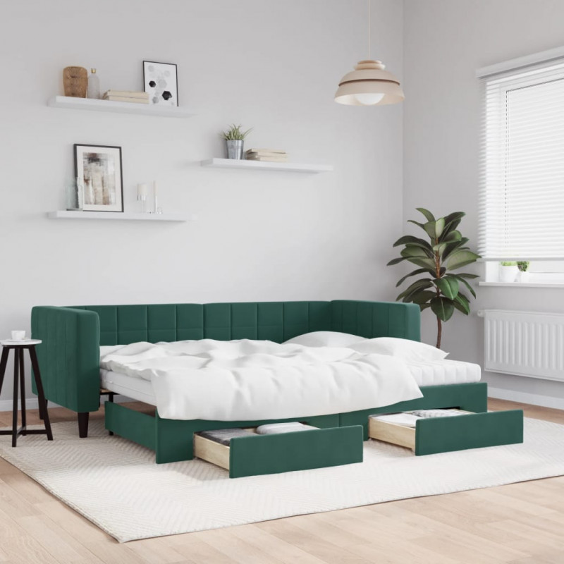 Sofa rozsuwana z szufladami, ciemnozielona, 80x200 cm, aksamit