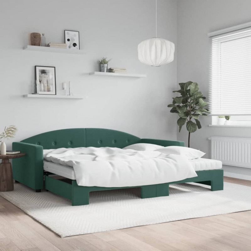 Sofa rozsuwana z materacami, ciemnozielona, 100x200 cm, aksamit