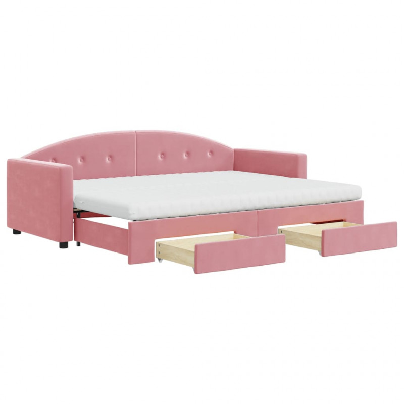 Sofa rozsuwana z szufladami, różowa, 80x200 cm, aksamit