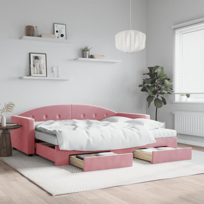 Sofa rozsuwana z szufladami, różowa, 90x200 cm, aksamit