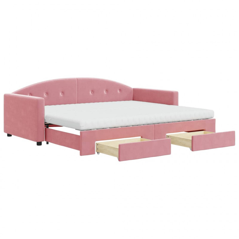 Sofa rozsuwana z szufladami, różowa, 90x200 cm, aksamit
