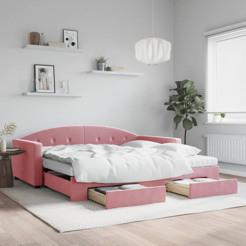 Sofa rozsuwana z szufladami, różowa, 100x200 cm, aksamit