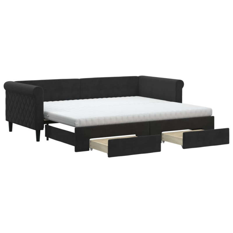 Sofa rozsuwana z szufladami, czarna, 90x200 cm, aksamit