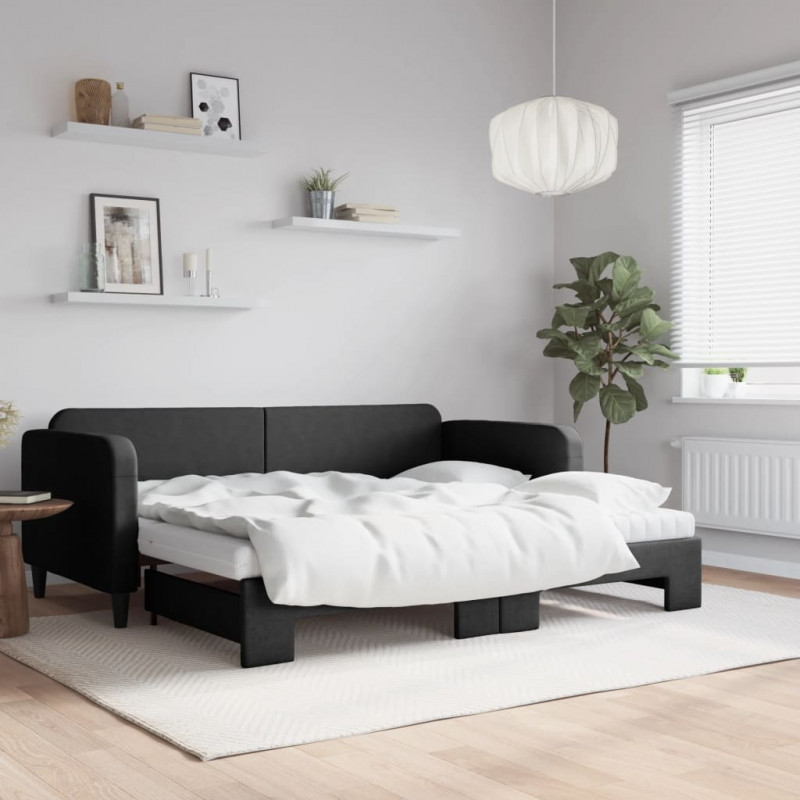 Sofa rozsuwana z materacami, czarna, 90x200 cm, tkanina