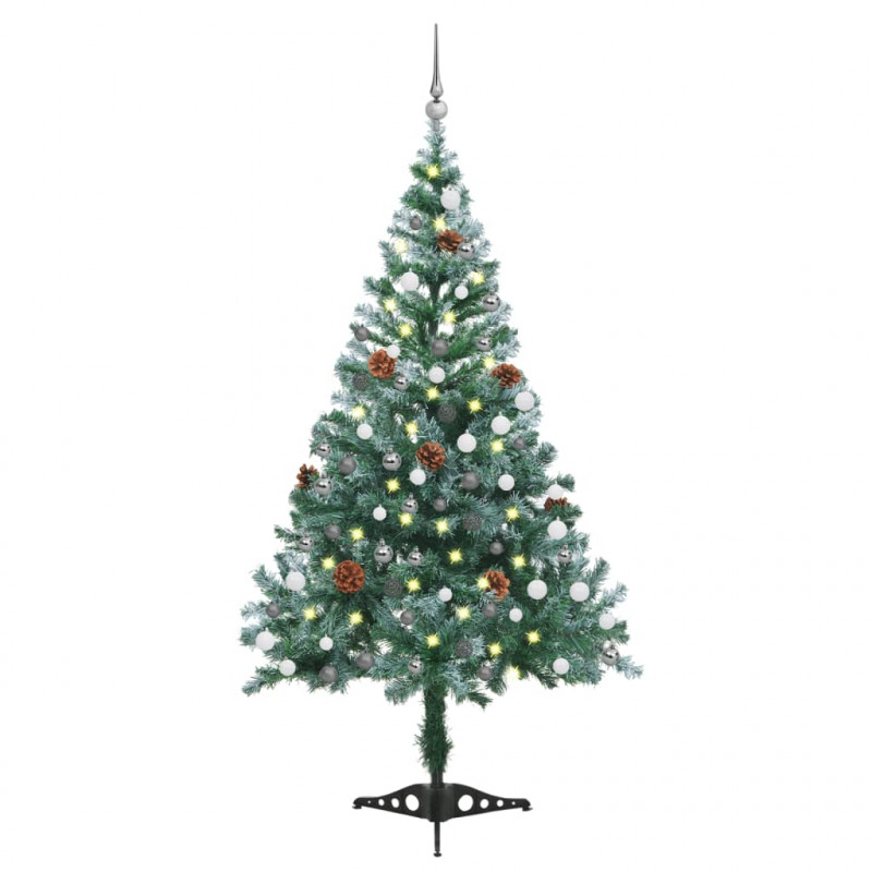 Sztuczna, oszroniona choinka, lampki, bombki i szyszki, 150 cm