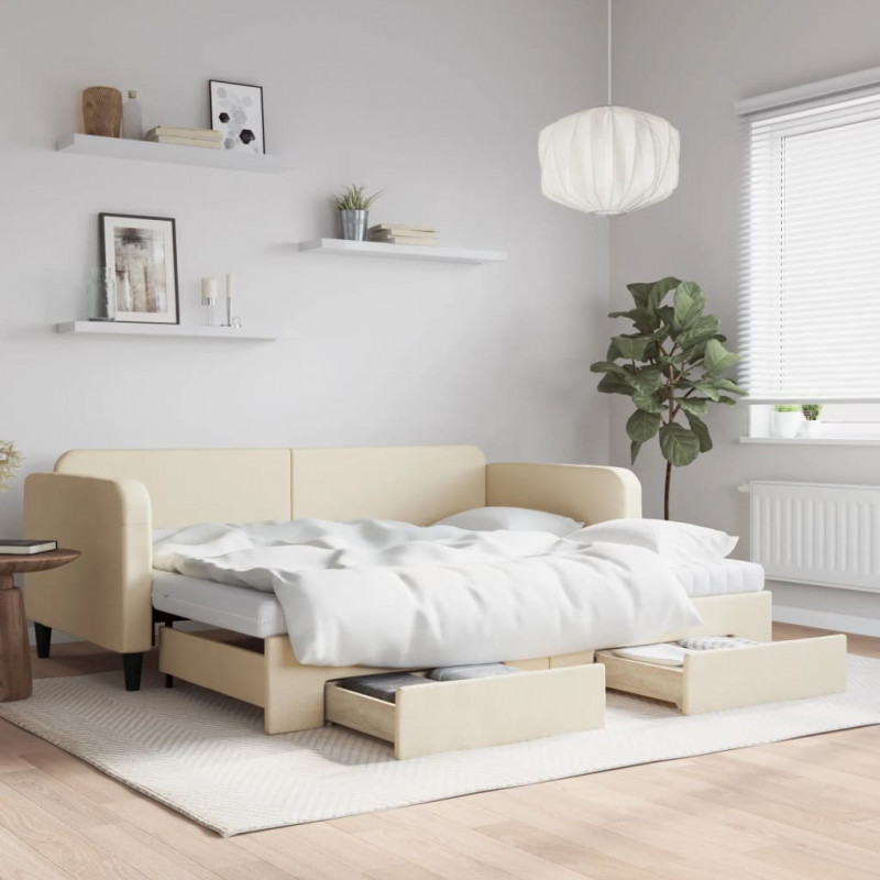 Sofa rozsuwana z szufladami, kremowa, 90x200 cm, tkanina