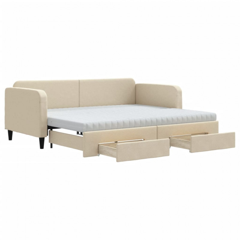 Sofa rozsuwana z szufladami, kremowa, 90x200 cm, tkanina
