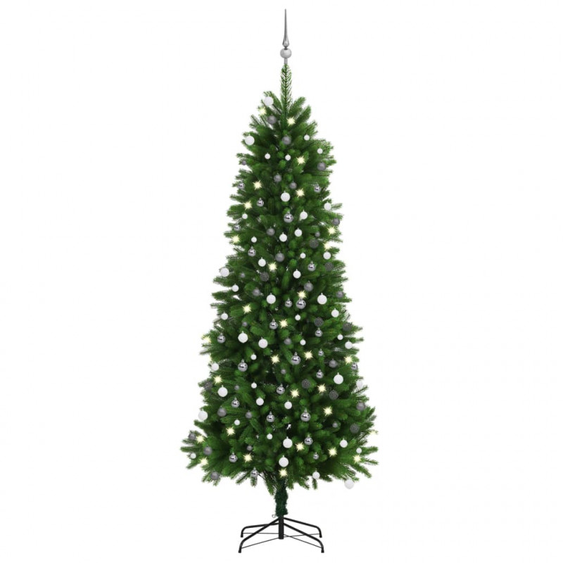 Sztuczna choinka z lampkami i bombkami, 240 cm, zielona