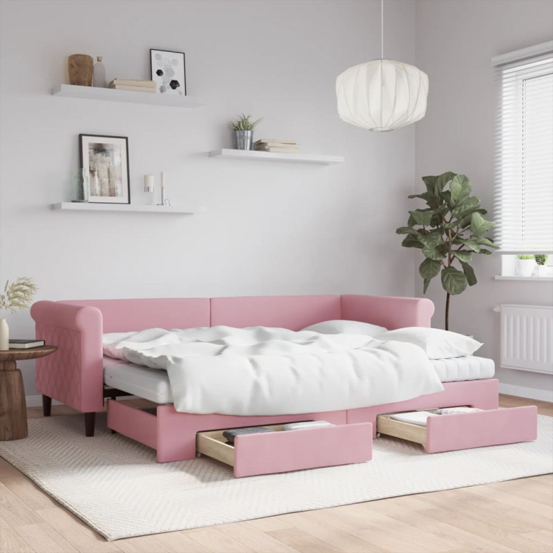 Sofa rozsuwana z szufladami, różowa, 80x200 cm, aksamit
