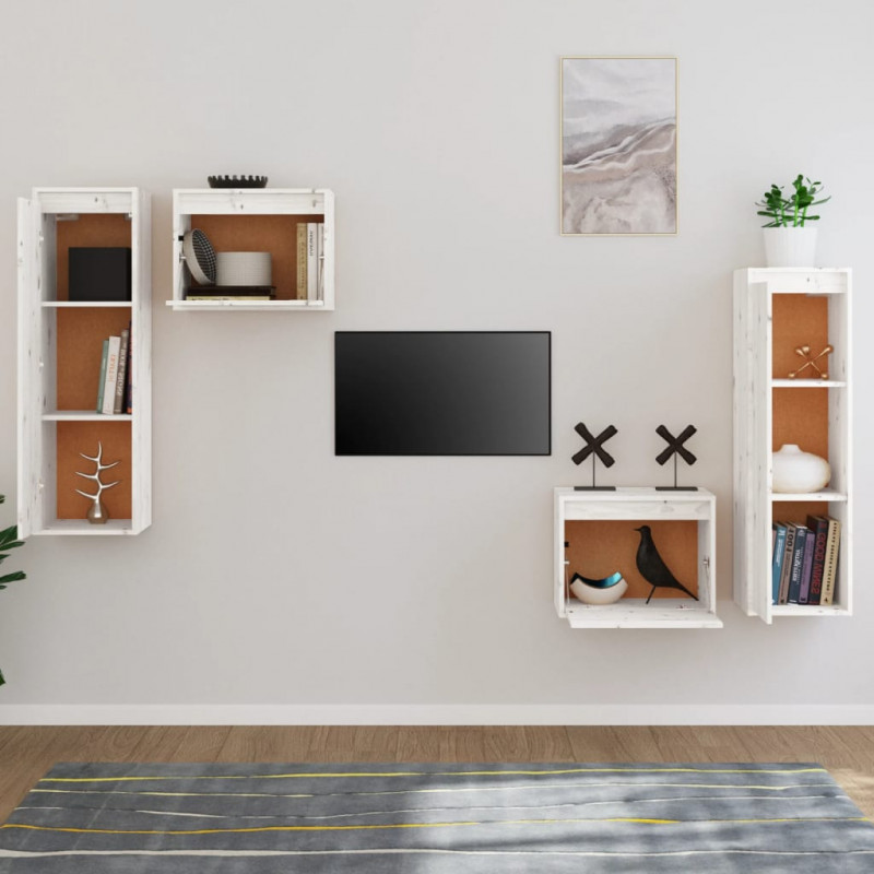 Szafki pod TV, 4 szt., białe, lite drewno sosnowe