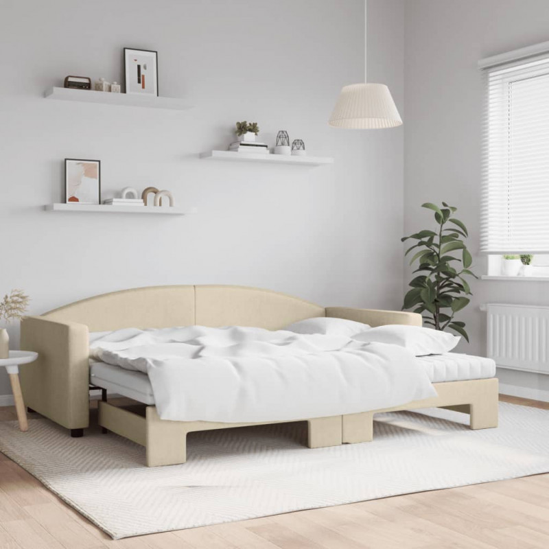 Sofa rozsuwana z materacami, kremowa, 90x200 cm, tkanina
