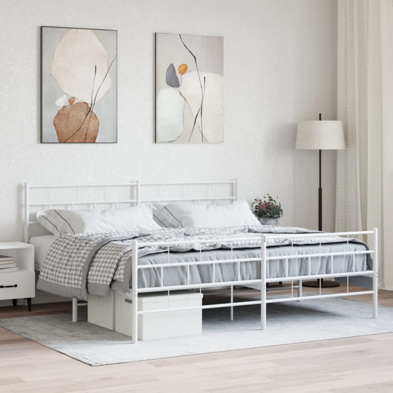 Metalowa rama łóżka z wezgłowiem i zanóżkiem, biała, 200x200 cm