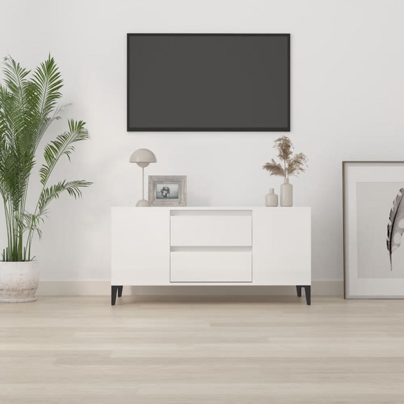 Szafka pod TV, wysoki połysk, biała, 102x44,5x50 cm