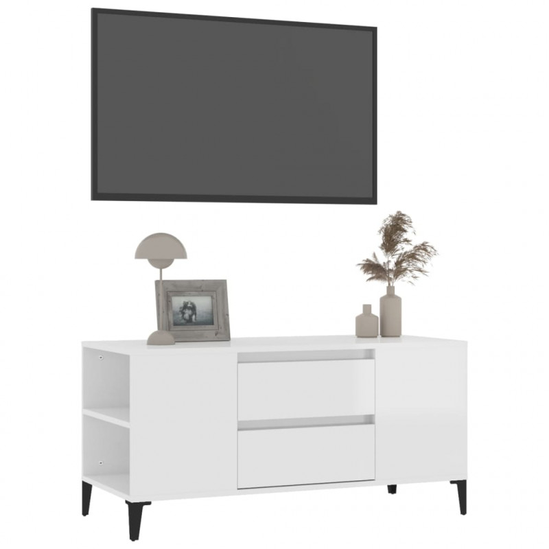 Szafka pod TV, wysoki połysk, biała, 102x44,5x50 cm