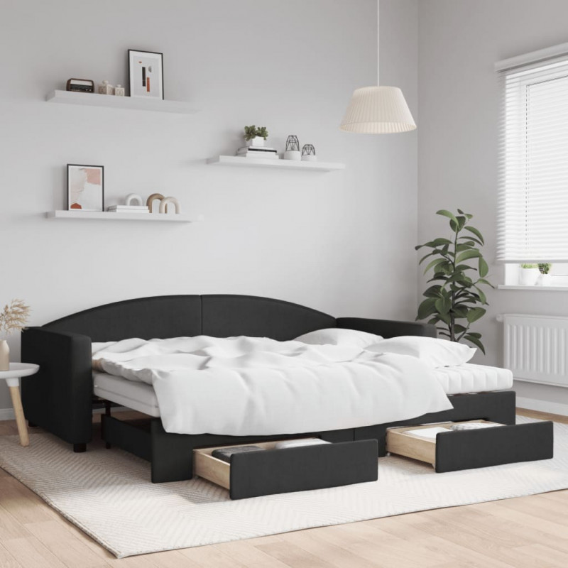Sofa rozsuwana z szufladami, czarna, 90x200 cm, tkanina
