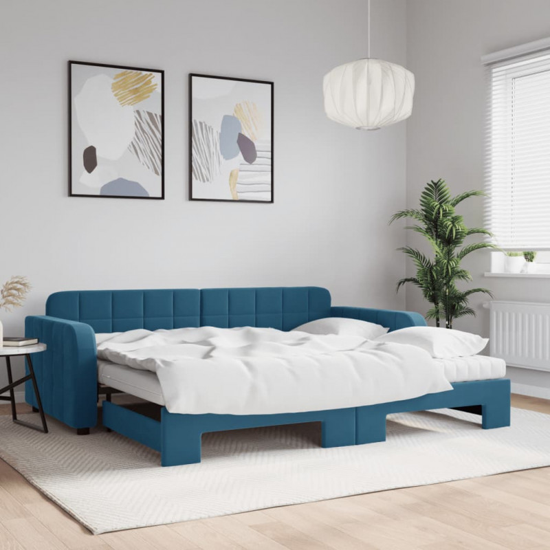 Sofa rozsuwana z materacami, niebieska, 90x200 cm, aksamit