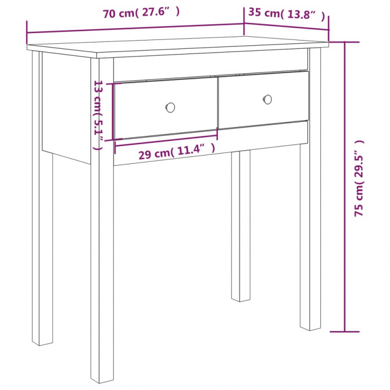 Stolik konsolowy, 70x35x75 cm, lite drewno sosnowe