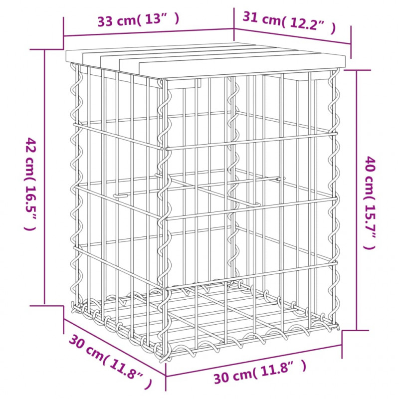 Ławka ogrodowa, gabion, 33x31x42 cm, lite drewno sosnowe