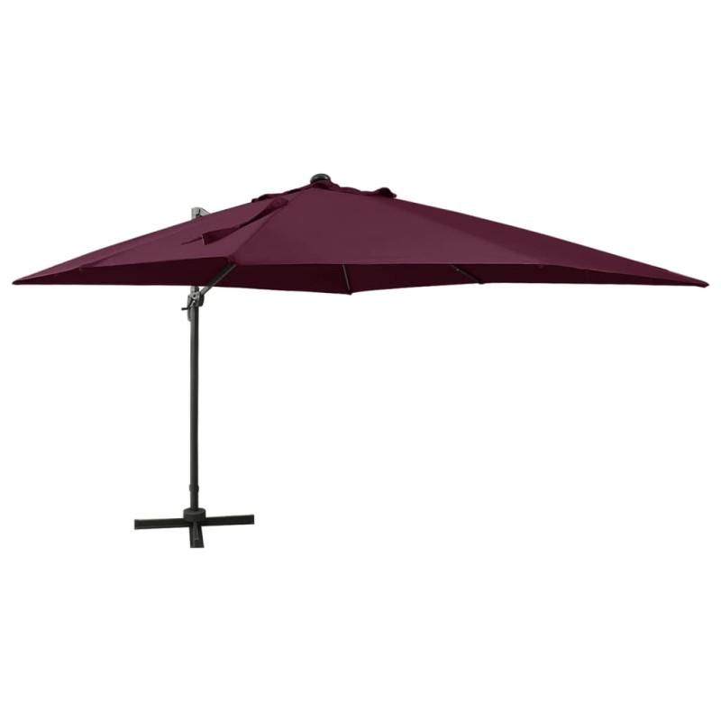 Parasol wiszący z LED i słupkiem, bordowy, 300 cm