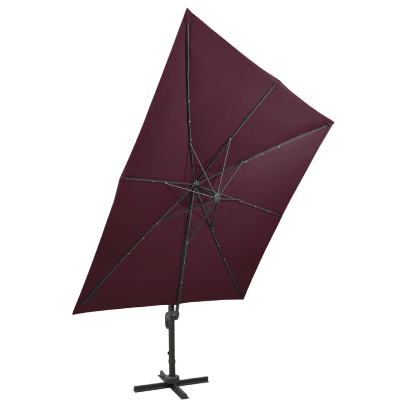 Parasol wiszący z LED i słupkiem, bordowy, 300 cm