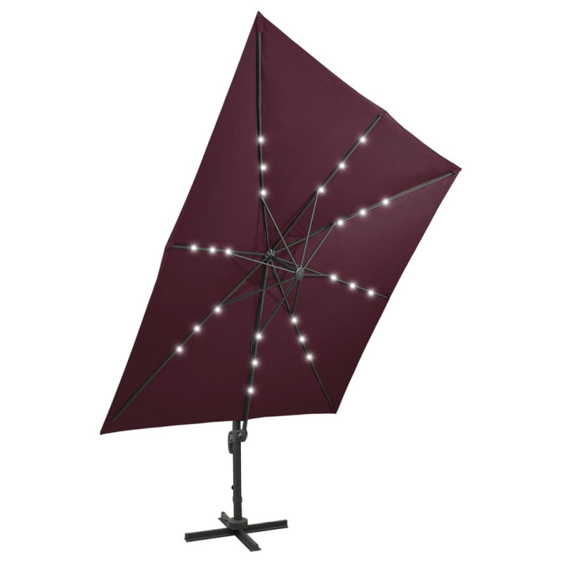 Parasol wiszący z LED i słupkiem, bordowy, 300 cm