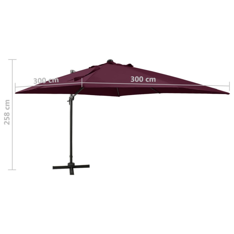 Parasol wiszący z LED i słupkiem, bordowy, 300 cm