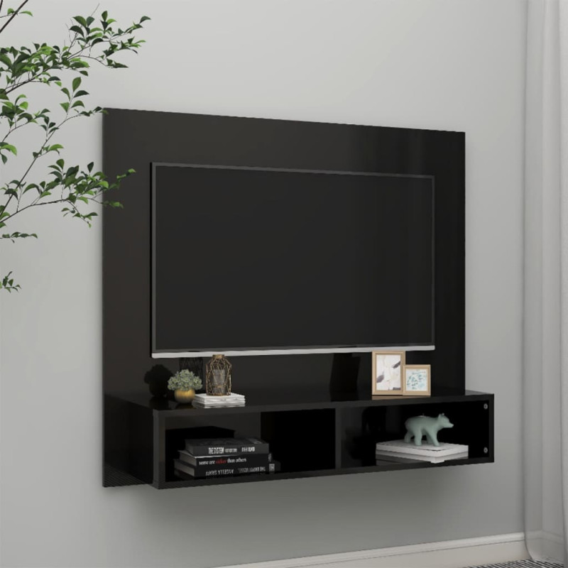 Wisząca szafka pod TV, czarna, wysoki połysk, 102x23,5x90 cm