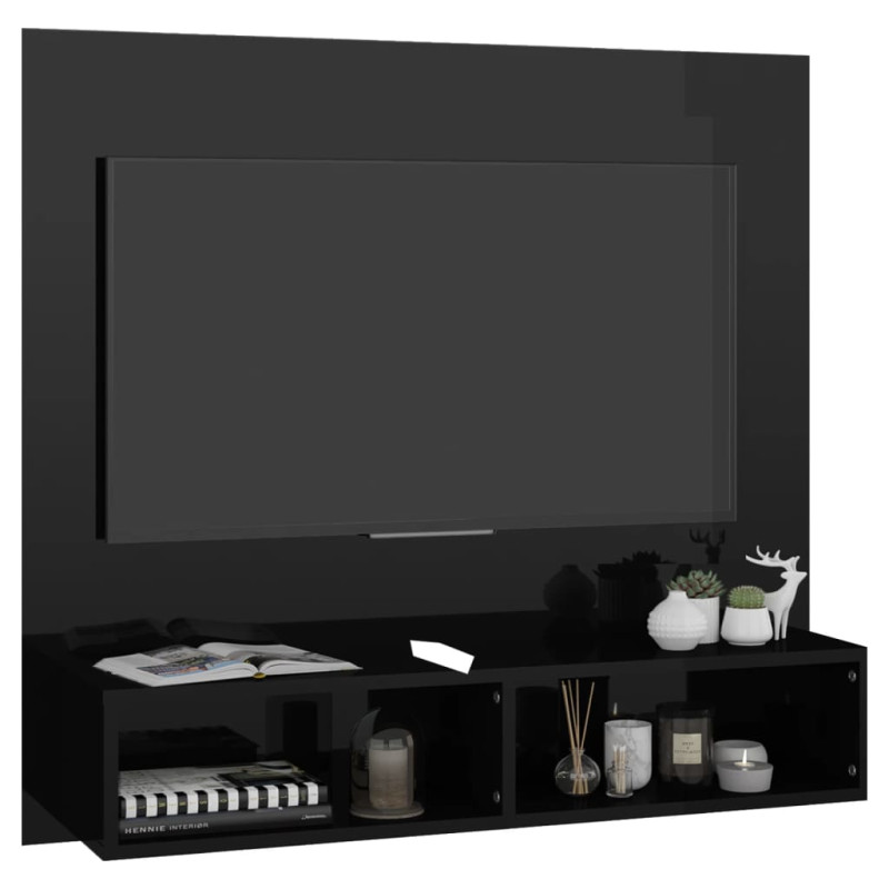 Wisząca szafka pod TV, czarna, wysoki połysk, 102x23,5x90 cm