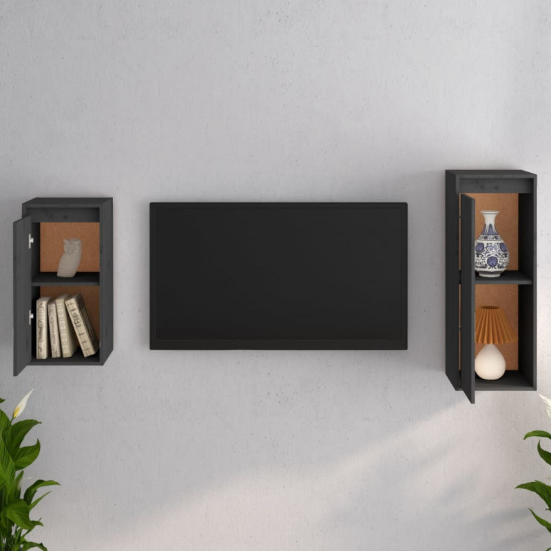 Szafki pod TV, 2 szt., szare, lite drewno sosnowe
